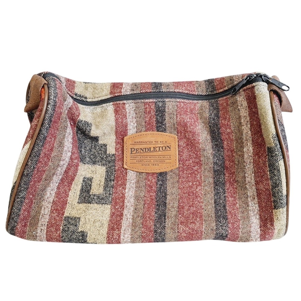 Pendleton Woolen Mills Southwestern Striped Wool Cosmetic Bag Pouch Red Brown